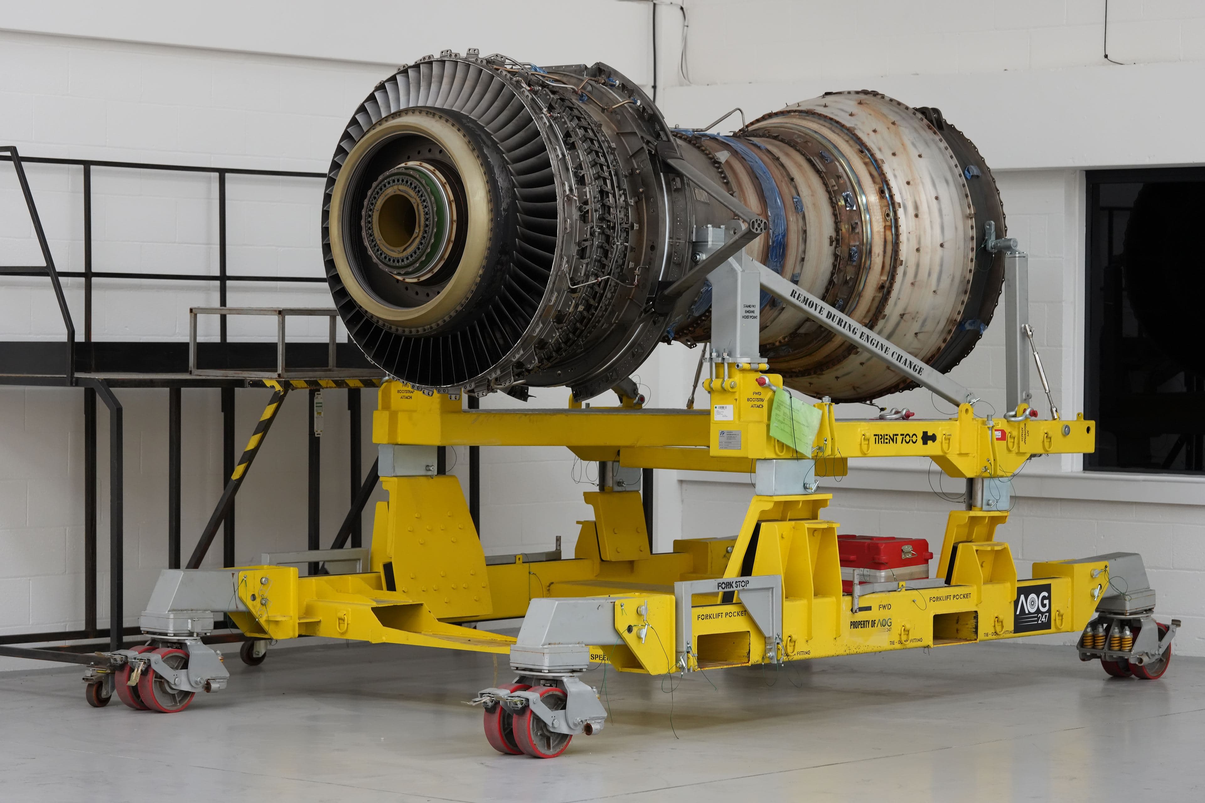 A Trent 700 engine on a maintenance stand
